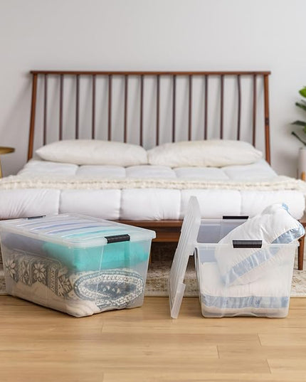 IRIS USA 94 Qt Stackable Plastic Storage Bins with Lids, 4 Pack - BPA-Free, Made in USA - See-Through Organizing Solution, Latches, Durable Nestable Containers, Secure Pull Handle - Clear