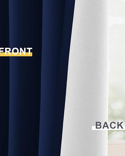 Yakamok 100% Blackout Curtain Panels 84 inches Cold and Light Blocking Drapes for Nursery, 2 Thick Layers Thermal Insulated Draperies (2 Pieces, 50 Wide Each Panel, Navy Blue Front with White Backing)