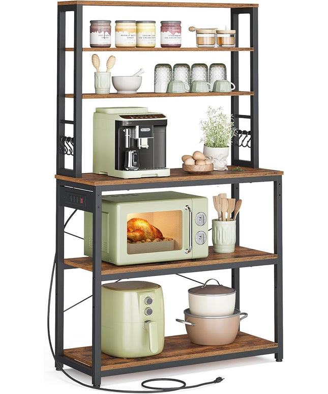 VASAGLE Bakers Rack with Power Outlet, 31.5 Inches Coffee Bar for Kitchen with Storage, 6-Tier Kitchen Shelves with 6 Hooks, Microwave Stand, Industrial, Rustic Brown and Ink Black UKKS119K01