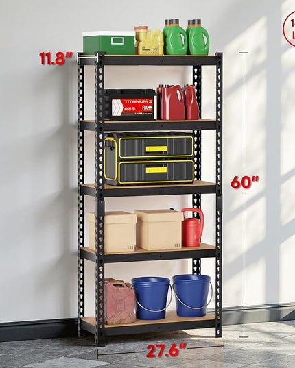 1655LBS Heavy Duty Storage Shelves, 5-Tier Metal Shelving for Garage, 11.8" D x 27.6" W x 60" H, with MDF Boards & Anti-Slip Mat, Ideal for Home, Office, and Warehouse Use