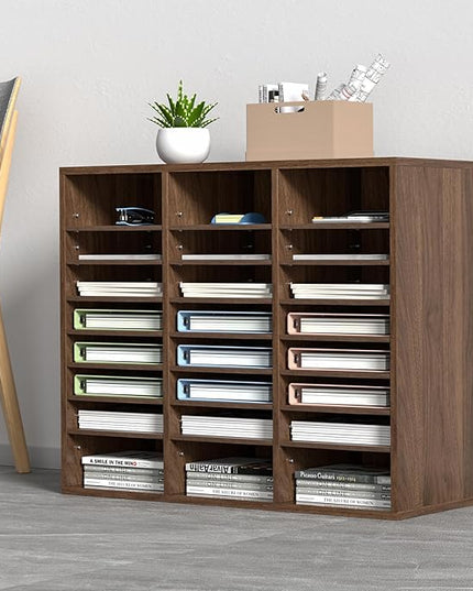 VEVOR 24-Compartment Office Mailbox, Adjustable Shelves, Wood Literature Sorter 29x12x24.4 inches – Ideal for Office, Home, Classroom, Mailrooms Organization – EPA Certified (Brown)