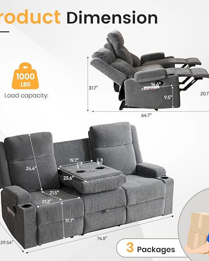 Reclining Sofa Couch,Loveseat Recliner Sofa with Drop Down Table/ 4 Cup Holder/Hidden Storage, Wall Hugger Recliner Sofa for Living Room & Home Theater & RV