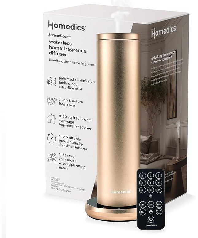 Homedics SereneScent Waterless Home Fragrance Diffuser, Use with Homedics SereneScent Oil (Sold Separately), Patented Air Diffusion Technology, Clean & Natural Fragrance, Enhances Mood, Champagne