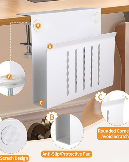 Desk Side Storage Under Desk Laptop Holder, No Drill Hanging Desk Organizer with Pen Holder, Clamp-On Table Side Tray Desktop Organization Mount for Office and Home (White)