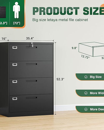 Letaya File Cabinets,4 Drawer Metal Lateral Filing Organization Storage Cabinets with Lock,Home Office for Hanging Files Letter/Legal/F4/A4 Size (Require Assembly)