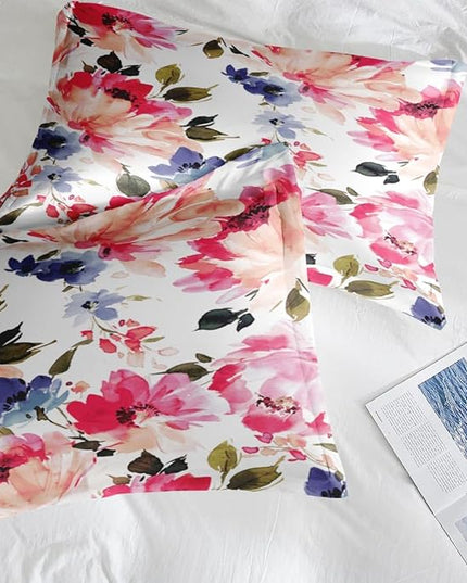 Comforter Set Twin Size, Flower Floral Leaf 5 Pcs Bedding for Kids and Adults, Painting Summer Spring Bed Sheet Sets with Fitted Sheet Pillowcase & Sham for Bedroom Bed Decor
