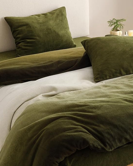 Luxlovery Green Gradient Velvet Comforter Full Fluffy Plush Flannel Bedding Set Full Men Women Army Green White Winter Warm Blanket Quilts Thick Abstract Modern Comforter Set