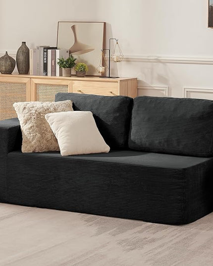 Loveseat Sofa, Cloud Modular Sofa Couch, Upholstered Floor Sofa with Deep Seat, Upholstered Foam Couch for Bedroom Living Room, No Assembly Required (Corduroy Fabric, Black)
