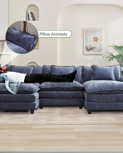 120" Modular Sectional Sofa, Comfy Cloud Couch Sectional Sofa with Ottoman, Chenille Sofa Sleeper Deep Seat Sofa with Throw Pillows for Living Room (Blue, 120"- U Shape)