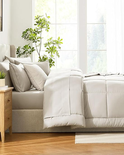 CozyLux Oversized Queen Comforter Sets Beige, 7 Pieces Bed in a Bag, Ultra-Soft All Season Bedding Sets with Stitch Quilted Comforter, Flat Sheet, Fitted Sheet, Pillowcases, Beige