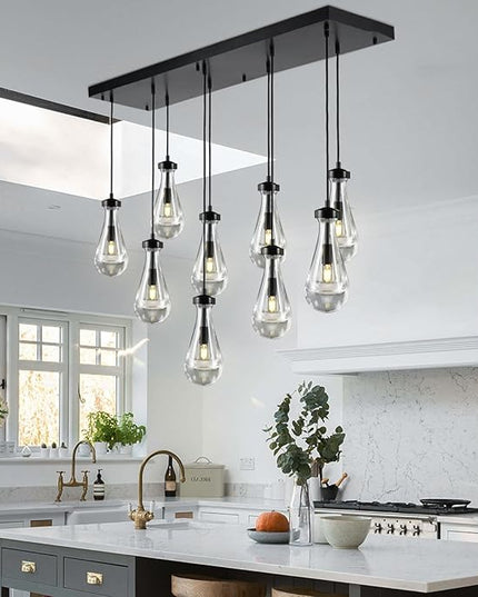 Raindrop 9-Light Chandelier for Dining Room, Black Rectangular Teardrop Pendant Lights with Hand-Blown Glass, Adjustable 138" Ropes, Light Fixture Over Table, Kitchen Island, Entryway, Foyer