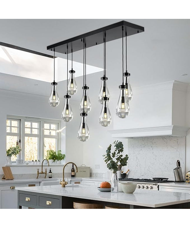 Raindrop 9-Light Chandelier for Dining Room, Black Rectangular Teardrop Pendant Lights with Hand-Blown Glass, Adjustable 138" Ropes, Light Fixture Over Table, Kitchen Island, Entryway, Foyer