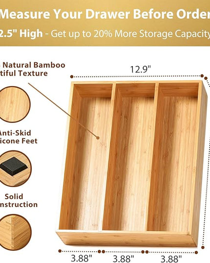 Umilife Bamboo Kitchen Utensils Organizer, 13 Inch Drawer Dividers for Silverware, Extra Deep Holder, with Non-Slip Feet, Wood Caddy for Flatware Cutlery