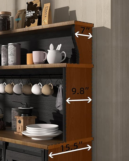 55'' Farmhouse Coffee Bar Cabinet with 3 Tier Storage Hutch, Coffee Bar Station with Sliding Barn Door, Hutch Storage Cabinet with 12 Wine Racks & 9 Hooks for Kitchen Dining Living Room
