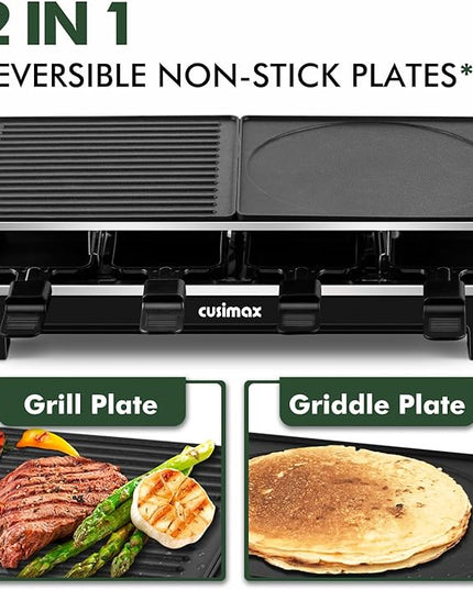 CUSIMAX Raclette Grill, Electric Grill, Reversible 2 in 1 Non-stick Grill & Griddle Plates, Portable Korean Grill with 8 Paddles & Shovels, Black New Model