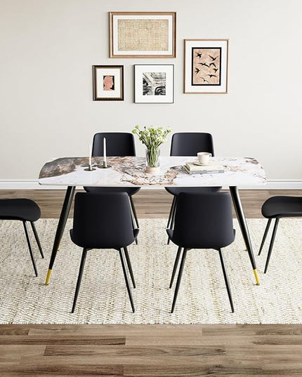 7 Piece Modern Dining Set, 62'' Sintered Stone Dinner Table for 6, 6 Chairs, Easy to Assemble