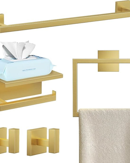 YACVCL 5-Pieces Brushed Gold Bathroom Hardware Accessories Set Stainless Steel Bathroom Towel Bar Set Towel Holder Set for Bathroom,Upgraded Toilet Paper Holder with Shelf,Wall Mounted 23.6"