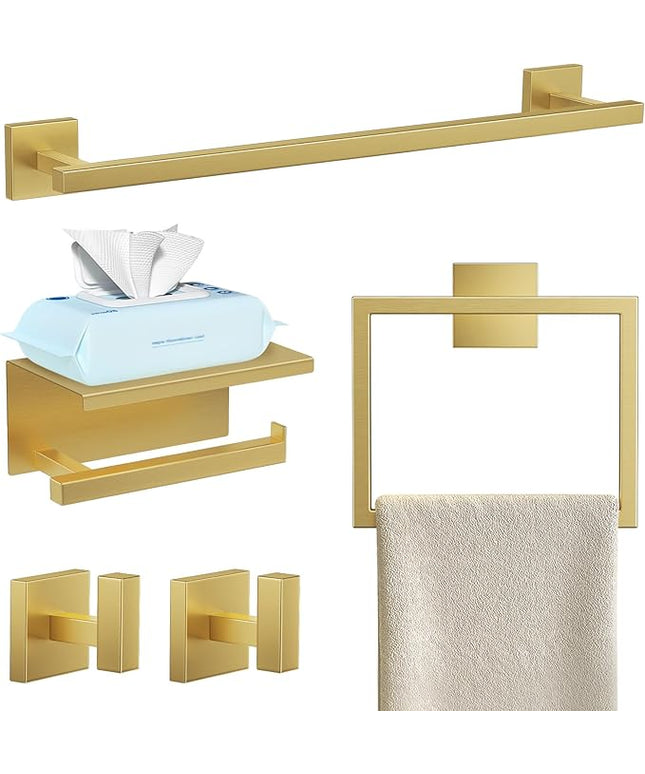 YACVCL 5-Pieces Brushed Gold Bathroom Hardware Accessories Set Stainless Steel Bathroom Towel Bar Set Towel Holder Set for Bathroom,Upgraded Toilet Paper Holder with Shelf,Wall Mounted 23.6"