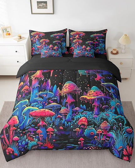 Feelyou Purple Mushroom Comforter Set with Sheets Gradient Mushroom 7 Piece Bedding Set for Kids Boys Girls Botanical Plant Quilt Set Galaxy Star Bed Set King Size
