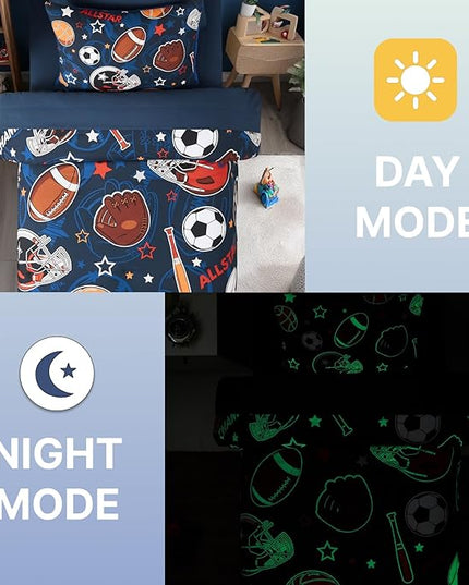 Twin Comforter Set for Boys-5 Pieces Sports Ball Games Glow in The Dark Twin Bedding Sets for Kids, Ultra Soft Bed in A Bag with Sheets