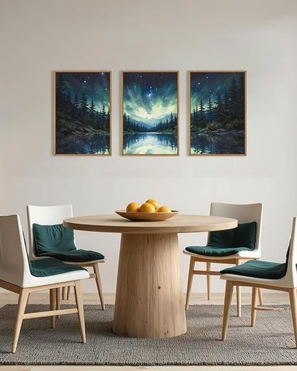 HOURIA Luminous Northern Lights Forest Lake Framed Canvas Wall Art Set,Starry Nordic Aurora Borealis Mountain Scenery Decor,Wilderness Pine Tree Reflection Artwork for Living Room,Farmhouse-16 x24 x3