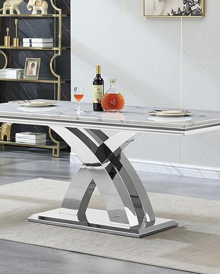 68" Faux Marble White Dining Table for 6-8, Modern Dining Room Table with 0.71" Marble Printing MDF Top and X-Shaped Silver Stainless Steel Base, Rectangle Kitchen Dinner Table