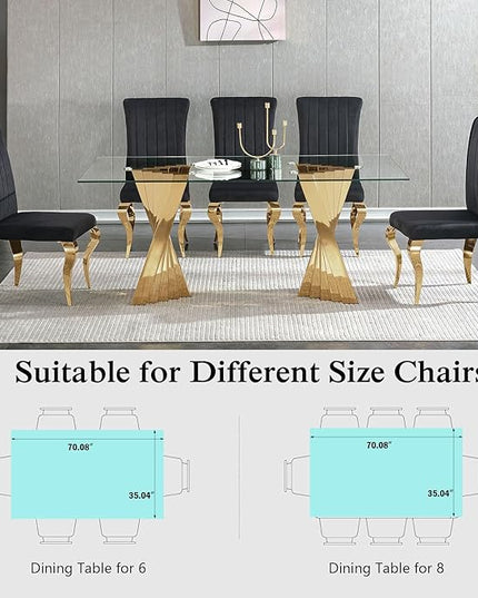 70'' Tempered Glass Top Dining Table With Mirrored Gold Stainless Steel Base for 4-8 People, Modern Rectangular Design for Dining Room and Living Room