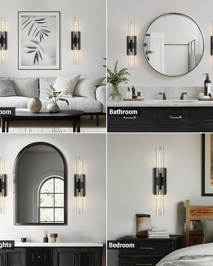 Black Wall Sconce for Bathroom Vanity, Copper Wall Light Fixtures, 22.8" Modern Two Glass Tube Wall Sconce, Indoor Wall Mounted Sconce for Bathroom Mirror, Bedroom, Living Room