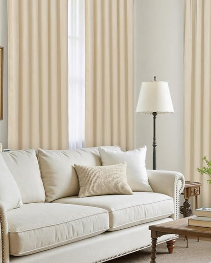 LAMIT Beige Velvet Curtains for Living Room 120 Inches Long, Elegant Thermal Insulated Panels Noise Reducing Back Tab and Rod Pocket Drapes for Bedroom, 2 Panels, 52 x 120 Inch