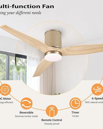 52" Ceiling Fan with Light - Low Profile Flush Mount Ceiling Fan, 6-Speed Remote Control, Solid Wood, Quiet Reversible DC Motor, Boho Style, for Bedroom, Living Room, Porch, Light Oak/Gold