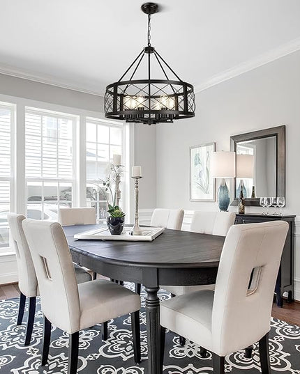 6-Light Black Rustic Drum Chandelier, 22.5” Modern Chandelier for Dining Room, Round Metal Hanging Light Fixture for Foyer, Entryway, Bedroom, Kitchen Island
