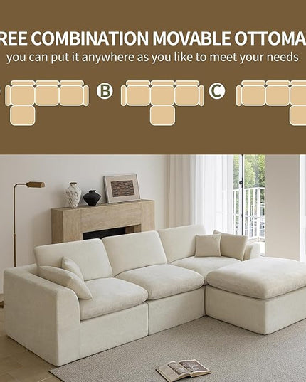 115''Cloud Sectional Couch, Modern L-Shape Sofa with Ottoman, Oversized Convertible 3 Seater Modular Couches for Living Room, Warm White