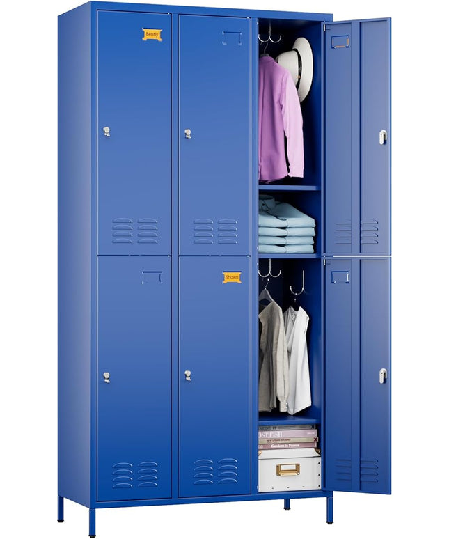 Aobabo Metal Locker for Employees, 6 Doors Metal Locker Cabinet with Lock, Industrial Storage with 18 Hooks, Storage for Office, Gym, Dormitory, Assembly Required, Blue