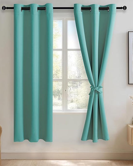 JIUZHEN Turquoise Blackout Curtains with Tiebacks Thermal Insulated, Light Blocking and Noise Reducing Grommet Curtains for Bedroom and Living Room, Set of 2 Window Curtain Panels, 42 x 72 Inch Length