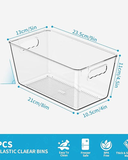 6 Pack Clear Pantry Organizer Bins, Fridge Organiser Set, Plastic Containers with Handle,Home Organization Must Haves for Kitchen,Freezer,Cabinet,Closet,Bathroom Under Sink Storage