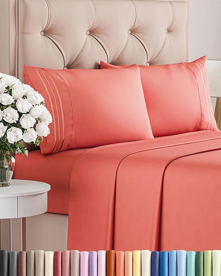 Full Size 4 Piece Sheet Set - Comfy Breathable & Cooling Bed Sheets Set - Hotel Luxury Bedding for Women, Men, Kids, Teens, Boys & Girls - Deep Pockets, Ultra-Soft and Wrinkle Free - Oeko-Tex - Coral