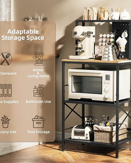 Kitchen Bakers Rack with Pegboard, 4-Tiers Coffee Bar Table, Heavy-Duty Metal Microwave Stand, Adjustable Storage Shelf Rack for Living Room, Garage, Office