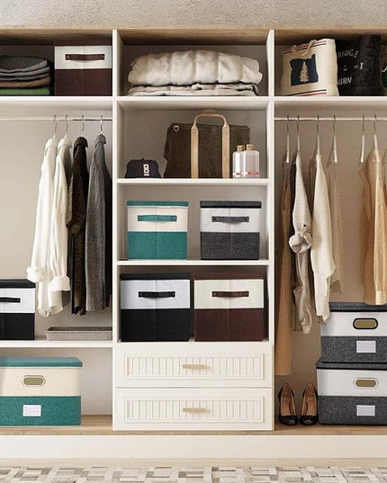 Large Linen Fabric Foldable Storage Bins with Removable Lid and Handles, Washable Storage Box Organizer Containers Baskets Cube with Cover for Bedroom,Closet,Office (Turquoise&Cream, Large)