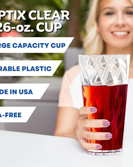US Acrylic Optix Plastic Reusable Drinking Glasses (Set of 8) 26oz Iced-Tea Cups in Clear | BPA-Free Tumblers, Made in USA | Top-Rack Dishwasher Safe