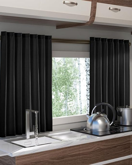 Black Linen Short Pinch Pleated 45 inch Curtains for Windows Over Sink, Light Filtering Vintage Curtain Semi Sheer Privacy for Kitchen Cafe Small Window Back Tab Drape Home Decor 2 Panels Set