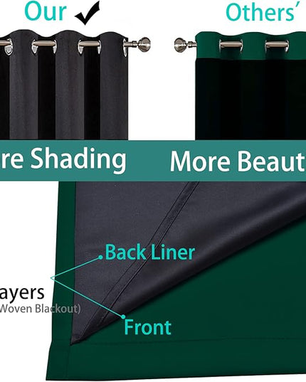 Yakamok 100% Blackout Curtain for Bedroom,Thermal Insulated Drapes with Black Liner Full Room Darkening Energy Efficiency Window Curtains for Living Room(52Wx90L,Dark Green, 2 Panels)