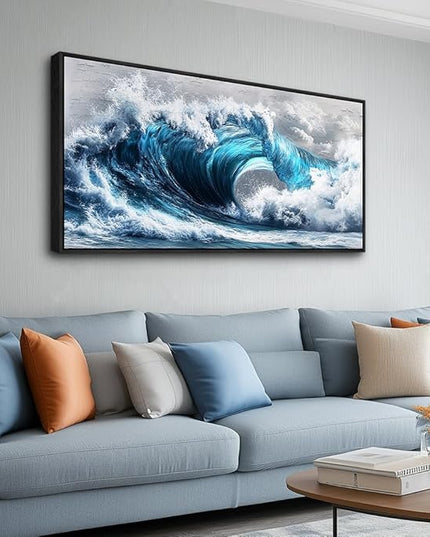 PHAOHUAXM Blue Wave lPaintings Wall Art For Living Room Wall Decor For Bedroom Ocean Inspiration Wall Pictures Office Decor Posters Modern Printing Canvas Artwork Home Decor Black Framed 20x40 In