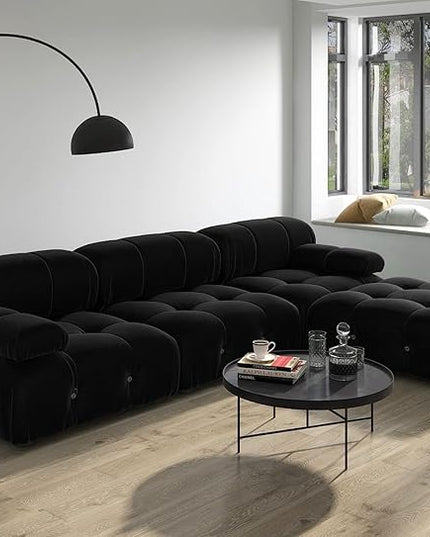 JACH 104'' Modern Sectional Sofa, L-Shaped Minimalist Velvet Floor Sofas Couches, Couch Sectional with Reversible Chaise Ottoman for Living Room Office Apartment (3 Seats,1 Ottoman, Black)