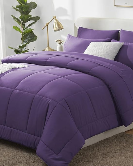 CozyLux King Size Comforter Set Purple, 7 Pieces Bed in a Bag, Purple Comforter King Size, All Season Bedding Sets with Stitch Quilted Comforter, Flat Sheet, Fitted Sheet, Pillowcases