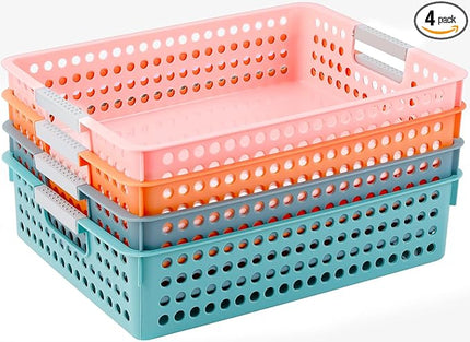4 Pack Classroom Paper Trays, Turn in trays Classroom, Colorful Storage Bin Basket, Plastic Storage Baskets with Handles, Paper Trays for Classroom Organization, Library, Drawers, Office