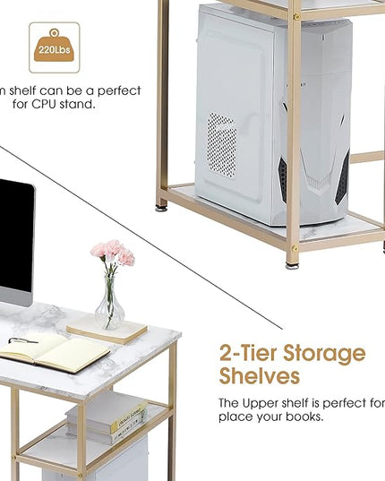 ivinta Computer Desk, Small Home Office Desk with Storage Shelves for Living Room, Bedroom, Office Whale (White and Gold, 44.8")