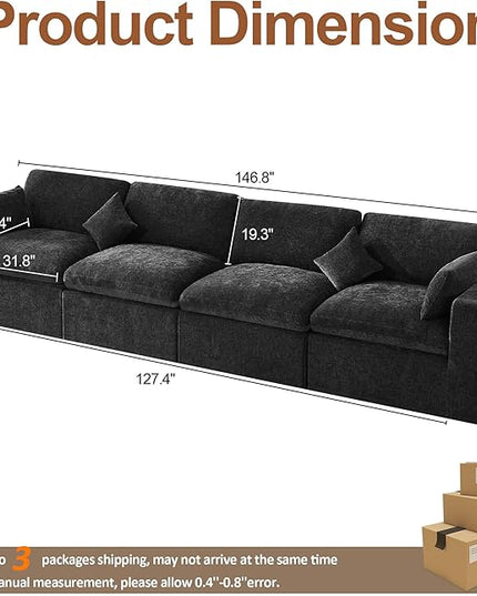 155''Cloud Boneless Sectional Couch, Modular Sectional Sofa Deep Seat, Oversized Upholstered Convertible Comfy 4 Seater Chenille Memory Foam Sofa Couches for Living Room, Dark
