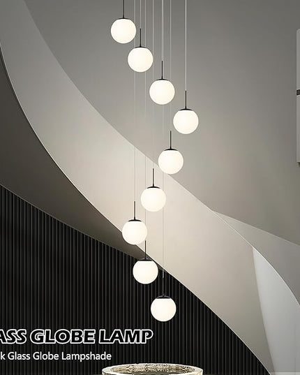 KoKo&Yukina 9-Light Globe Milky White Glass Pendant Light Adjustable Length Pendant Lights Modern Glass Globe Pendant Lights Black Chandeliers Large Chandeliers for High Ceilings (Bulb & Remote Incl)