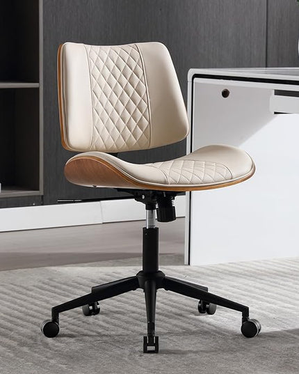 Home Office Chair No Arms with Wheels, Adjustable Height Small Desk Chair, PU Leather Mid Back 360 Swivel Computer Chair, Armless Modern Walnut Chair for Office, Reading Meeting Room(Beige)
