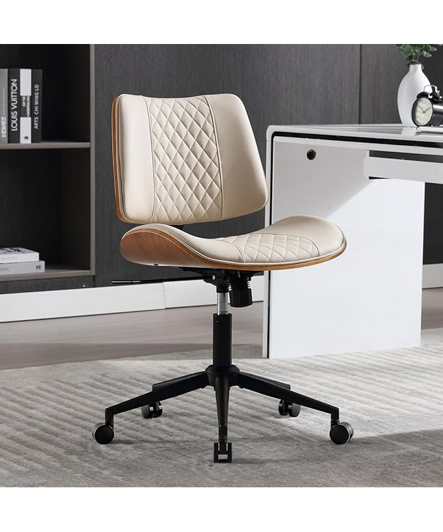 Home Office Chair No Arms with Wheels, Adjustable Height Small Desk Chair, PU Leather Mid Back 360 Swivel Computer Chair, Armless Modern Walnut Chair for Office, Reading Meeting Room(Beige)